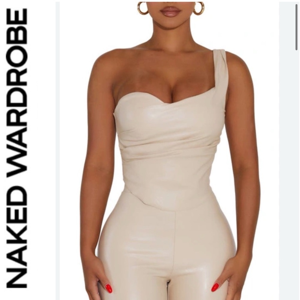 Naked Wardrobe 🤍🤎 Women's Faux-Ever Leather One-Shoulder Corset Top Beige| XS